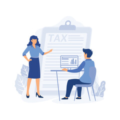 Taxation planning concept. Characters using tax calendar to filling tax declaration form online and with financial adviser.  flat vector modern illustration