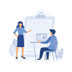 Taxation planning concept. Characters using tax calendar to filling tax declaration form online and with financial adviser. flat vector modern illustration