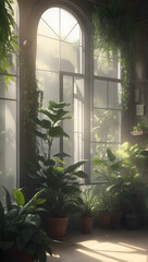 鉢植えの植物のある部屋、太陽光｜Room with potted plants, sunlight. Generative AI