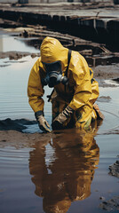 Naklejka premium Safety Layers: Hazmat Man Collects Crucial Data, generative ai