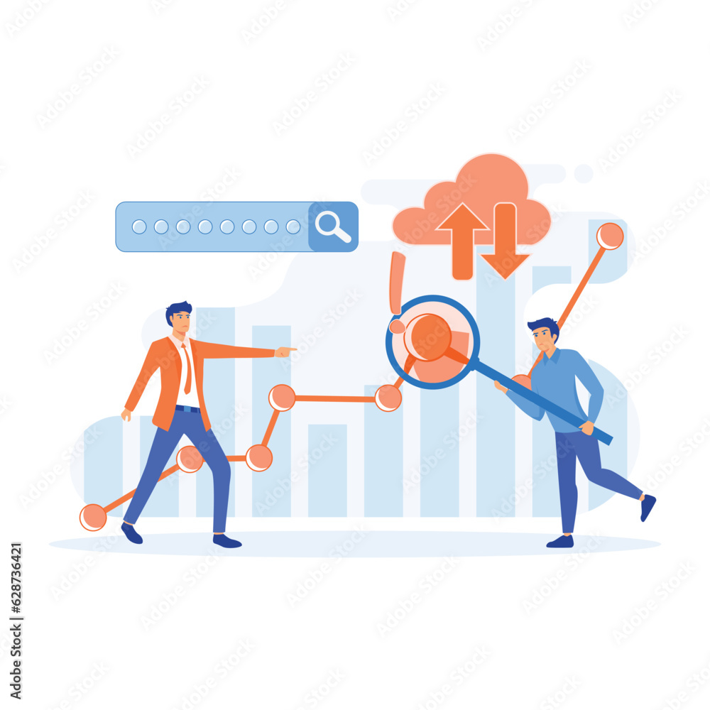 Poster big data and cloud computing, business characters using remote servers to analyzing large sets of da