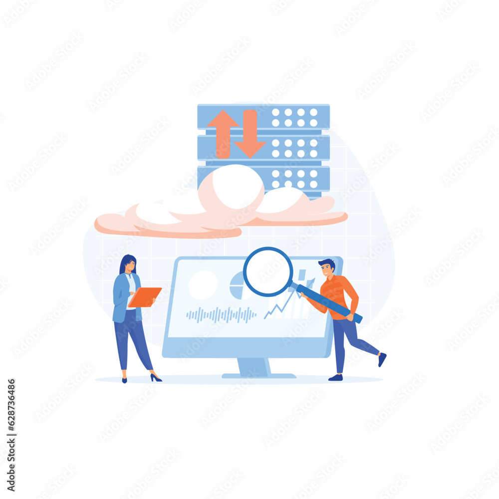 Poster business technology cloud computing service concept, developer team working on dashboard monitor, fl