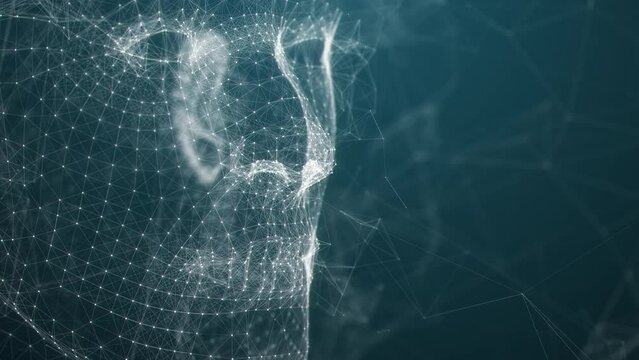 Artificial intelligence humanoid head. AI with digital brain. Big data analysis information and neural network concept. Face of cyber mind. Technology abstract background. Digital polygonal 3D render