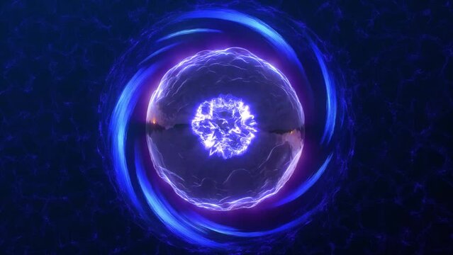 Purple blue energy sphere with glowing bright rotating tunnel, atom with moving core and plasma magic field scientific futuristic hi-tech abstract background.