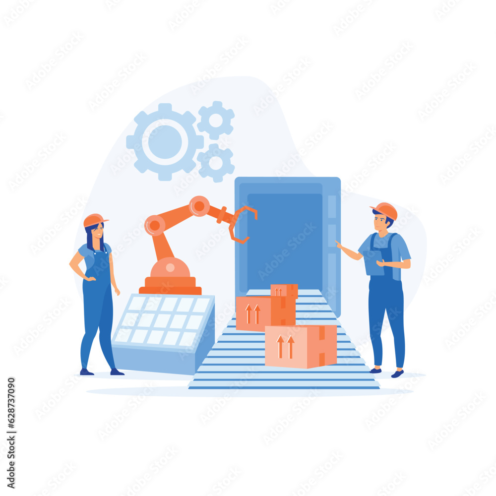 Poster engineer working with interactive interface. innovative manufacturing. flat vector modern illustrati
