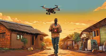A young African man receiving a drone delivery of medical supplies. Generative AI art, medical technology concept.