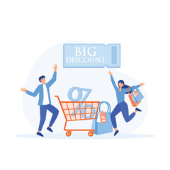 discount, Online Shopping, Big sale %, Happy people with Shopping basket and Shopping Bags, flat vector modern illustration