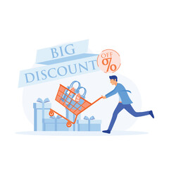 sales cart discounts.man pushing shopping cart trolley with big percentage sign. flat vector modern illustration