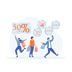 Discount and Advertising Banner, Flyer, promo Poster, Set of people with Shopping Bags and Presents. flat vector modern illustration 