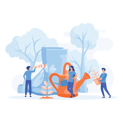  clean ecology concept. gardeners taking care of the garden, growing and studying plants in nature, flat vector modern illustration 