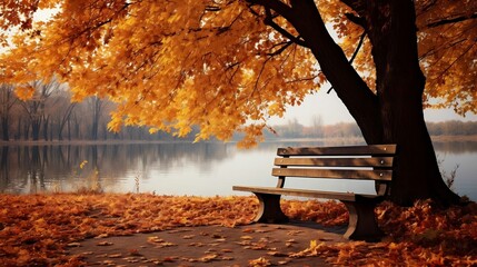 Rustic wooden bench amidst falling autumn leaves