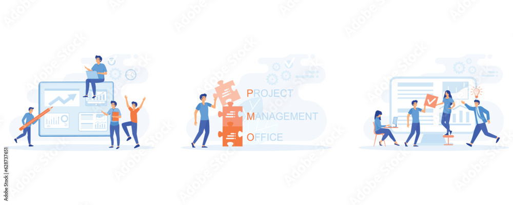Poster workflow organization. project management office acronym, agile visual project management, set flat 