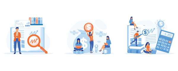Fototapeta premium modern financial education, eople study financial literacy and accounting to raise entrepreneurship awareness. set flat vector modern illustration 