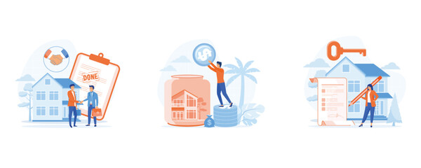 Mortgage process, Characters buying property with mortgage, receiving bank approval, signing contact and legal documents. set flat vector modern illustration