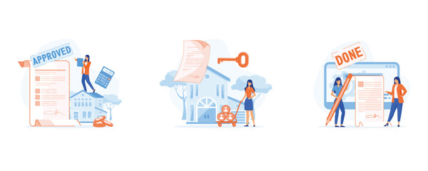 Mortgage process. Characters getting bank approval, signing contact and legal documents and receiving house keys. set flat vector modern illustration