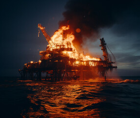 Marine Disaster: Offshore Oil Rig Engulfed in Flames, Generative AI