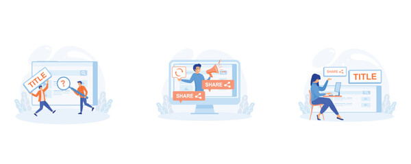 Blog promotion guidance. Title creation, social media marketing, Blog promotion mistake. set flat vector modern illustration 
