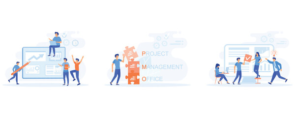 Workflow organization. Project Management Office acronym, agile visual project management, set flat vector modern illustration