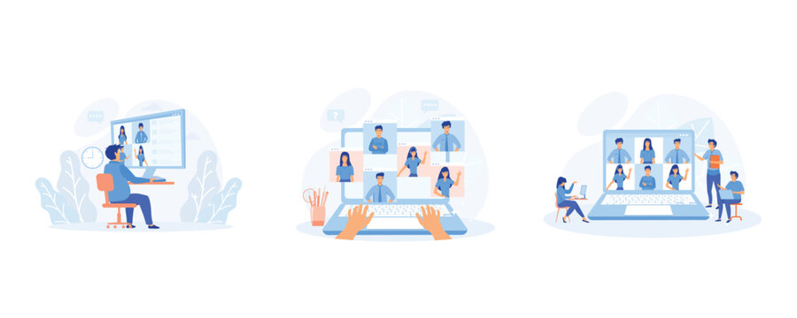 remote work, technology concept, Online Discussion and Video Conference, team thinking and brainstorming, set flat vector modern illustration 