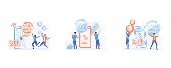 Online cash back or money refund concept. Online banking, Saving money, get vouchers and discounts, reward program, set flat vector modern illustration