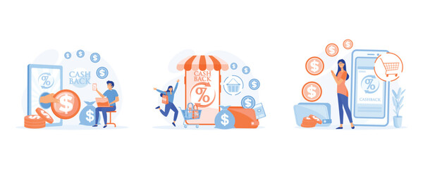Cash back concept, Online cash back service, replenishes balance on account. set flat vector modern illustration 