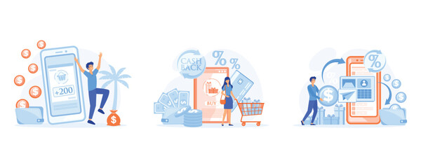 Earn points concept. rejoices in new accrued bonuses, Discount earn point and gift.  financial savings and money refund. set flat vector modern illustration 