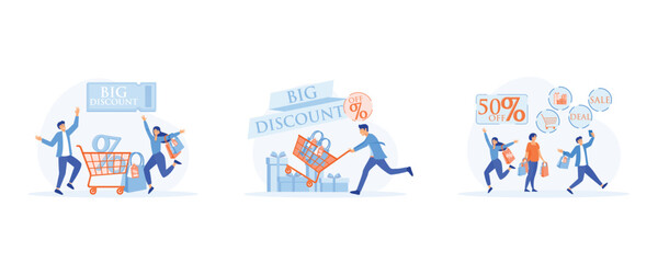 Online Shopping, Big sale %, Interest Rate Shopping. Discount and Advertising, set flat vector modern illustration