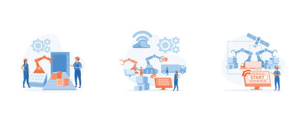 Smart industry, innovative manufacturing. work flow With clever device, Engineer working with interactive interface, set flat vector modern illustration