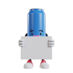 drink can character standing and holding small white banner with two hands, 3d illustration of soft drink cans