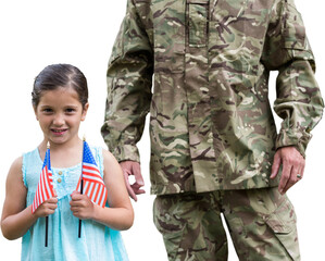 Digital png photo of caucasian girl with soldier on transparent background