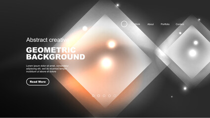 Abstract background landing page, geometric shape illuminated with glowing neon light on dark background. Futuristic city lights concept
