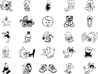 set of Cute Cartoon sketches, babies, Animals, icons inline style, Outline Style Full Vector illustration.