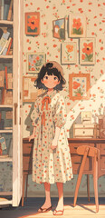 vintage digital illustration of a sweet child standing in her room, lively interiors, cute shy little girl, countryside style, pastel light colors, little dress with polka dot pattern, like manga
