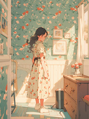 Young manga style girl in the bedroom. Retro clothes, long skirt, floral seamless pattern, wallpaper textured, light pastel color illustration. Nostalgic youth afternoon at home. Vintage look brunette
