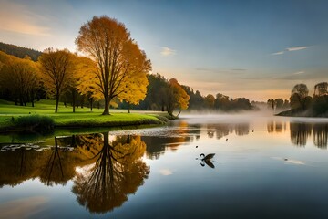 Fototapeta premium autumn landscape with lake GENERATIVE AI