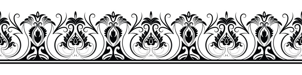 Black scroll flower border on white background. Beautiful Ethnic hand drawn artwork style design with watercolor, trend, texture, vintage hand drawn style.