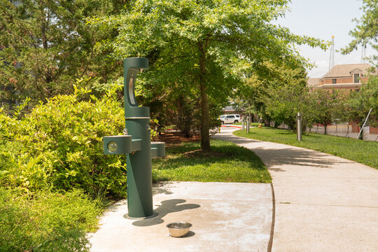 Baltimore, MD US - July 26, 2023: modern design public water fountain outside along walking trails at Fort Mchenry National Monument and Historic Shrine.