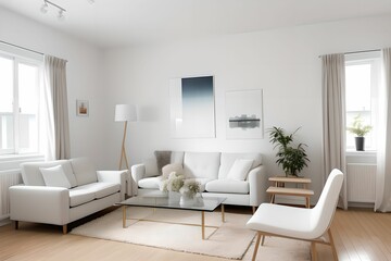 Fototapeta na wymiar Modern, comfortable and cozy living room interior design. Bright gray fabric sofa, large frame. Generative AI
