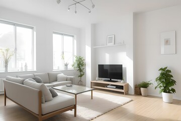 Fototapeta premium Modern, comfortable and cozy living room interior design. Bright gray fabric sofa, TV. Generative AI
