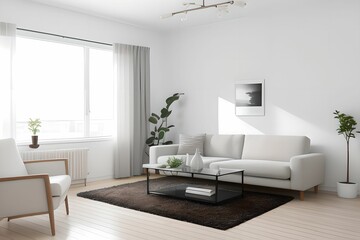 Modern, comfortable and cozy living room interior design. Grey fabric sofa, big window. Generative AI