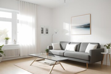 Modern, comfortable and cozy living room interior design. Grey fabric sofa, large frame.  Generative AI