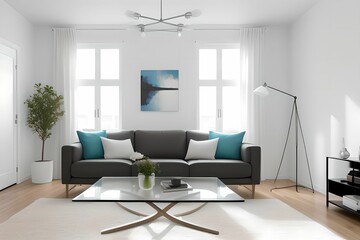 Modern, comfortable and cozy living room interior design. Grey fabric sofa, art frame. Generative AI