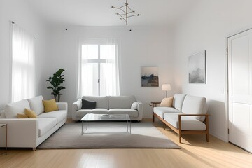 Modern, comfortable and cozy living room interior design. White fabric sofa, frame. Generative AI