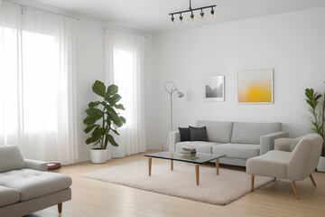 Modern, comfortable and cozy living room interior design. Grey fabric sofa, flowerpot. Generative AI