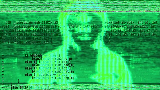 Computer hacker with hoodie and glitch face. Computer abstract digital code at the background. Darknet fraud and crypto currency bitcoin concept. Cybersecurity and data protection in social network