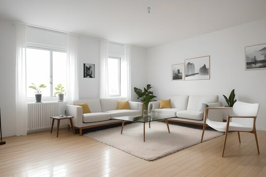 Modern, comfortable and cozy living room interior design. Bright gray fabric sofa. Generative AI