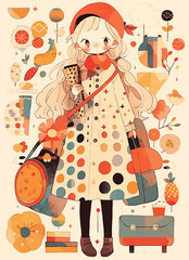 vintage digital art, postcard in the style of hand illustration for children, romantic stylised little girl, long polka dot dress, creative motifs, warm autumn colours. Gift cards, Christmas card AI