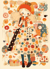 vintage digital art, postcard in the style of hand illustration for children, romantic stylised little girl, long polka dot dress, creative motifs, warm autumn colours. Gift cards, Christmas card AI