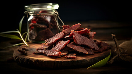 Savory beef jerky, thinly sliced and dried to perfection, boasting a smoky aroma and tender texture, a satisfying and portable snack.