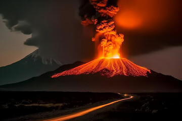 Huge massive Volcano Eruption. A large volcano erupts hot lava and gases into the atmosphere at night time. Lava dangerous nature explosion. Generative AI Technology - obrazy, fototapety, plakaty
